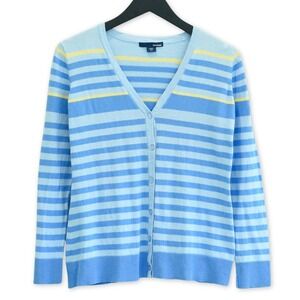 Basic Editions Cardigan Sweater Womens S 100 Cotton Blue Yellow Stripe Button Up